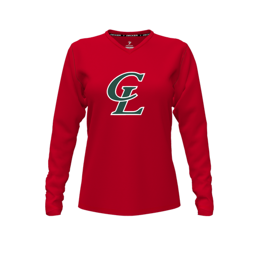 [CUS-DFW-TEES-CMF-VNK-LSL-RED-FYXS-LOGO1] Decker Comfort T-Shirt (Female Youth XS, Red, V Neck, Logo 1, Long Sleeve)